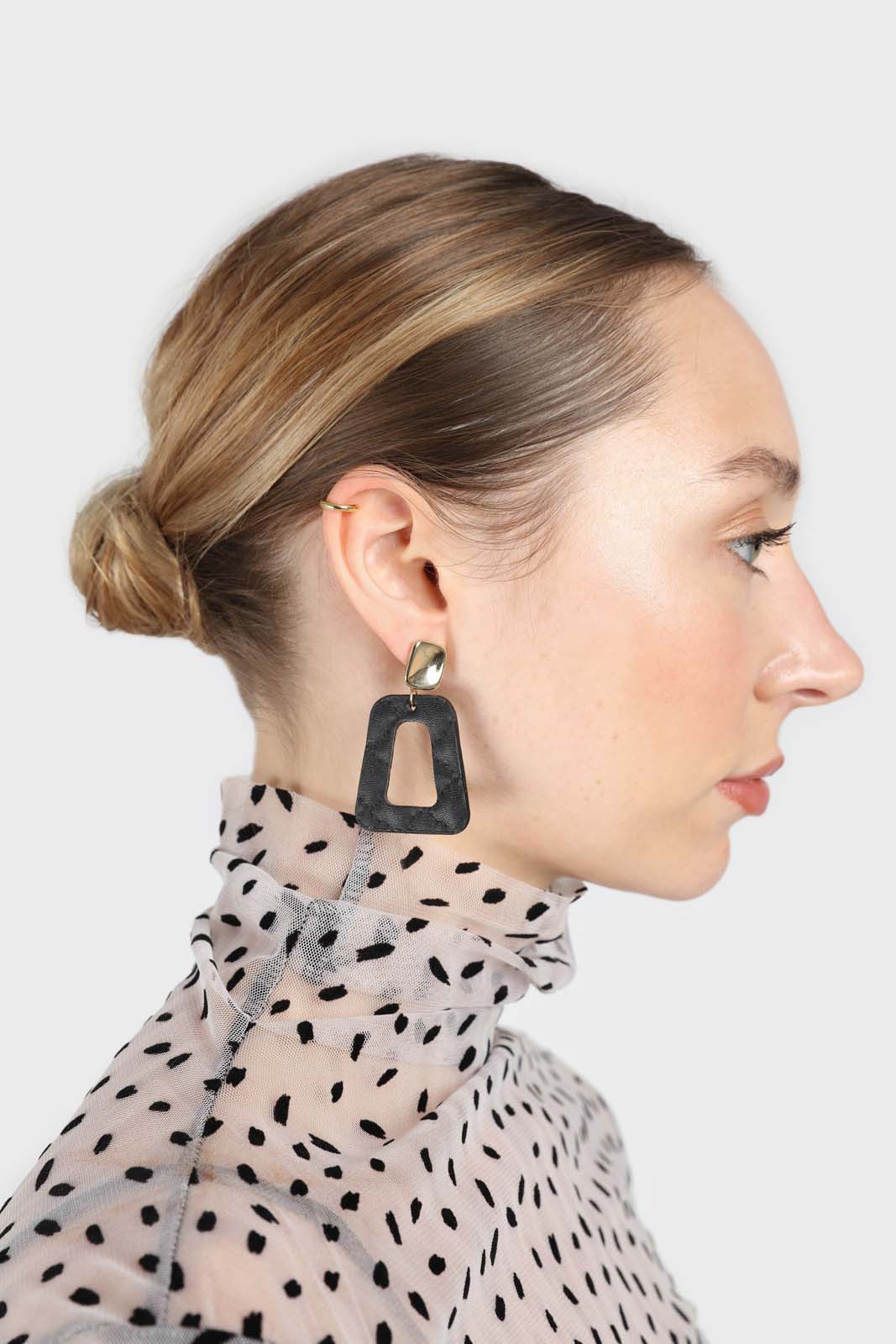 Gold and black vegan leather square drop earrings_3