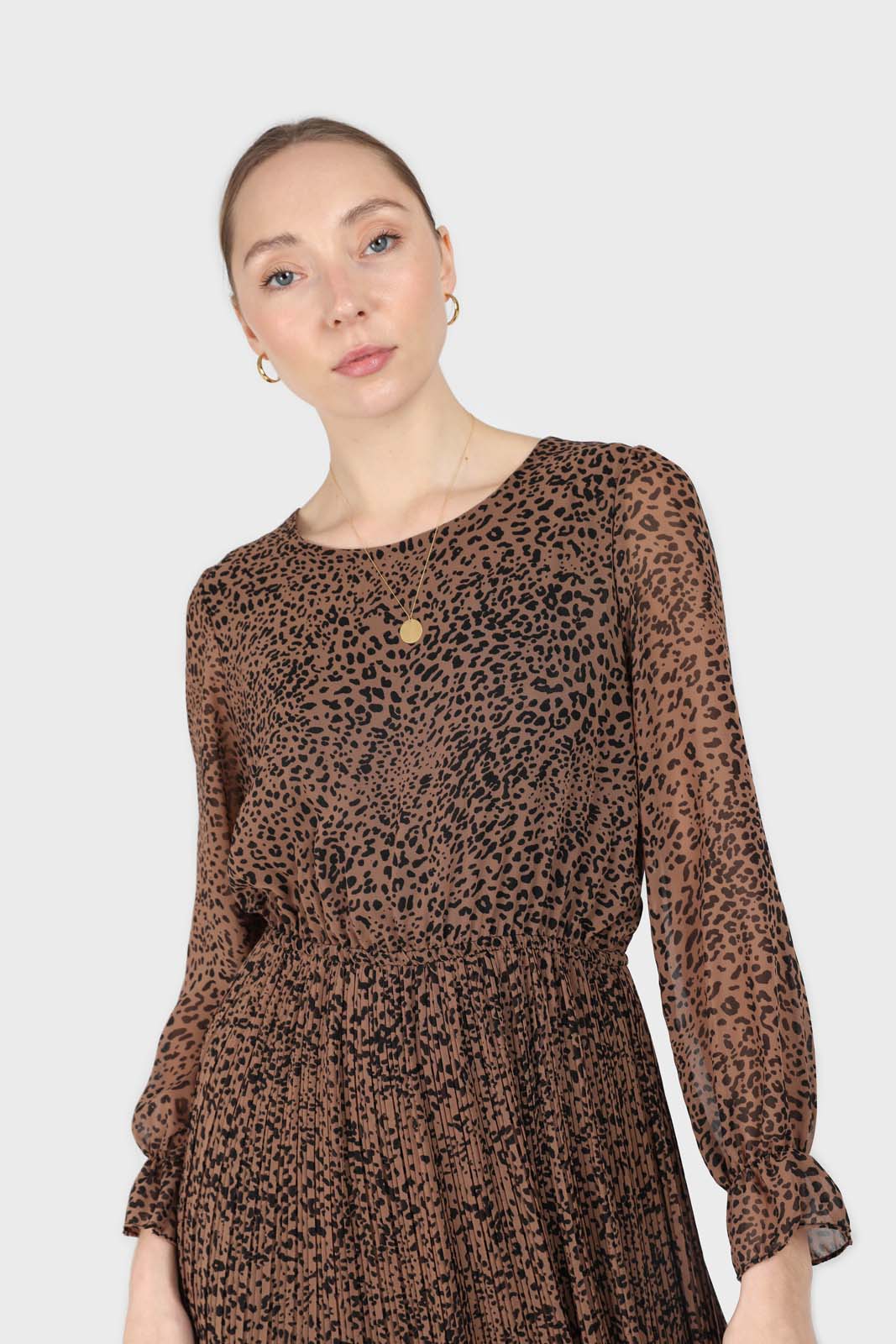 Camel animal print silky micro pleat long sleeved maxi dress_3
