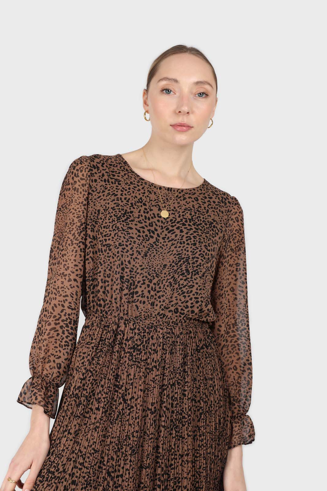 Camel animal print silky micro pleat long sleeved maxi dress_4