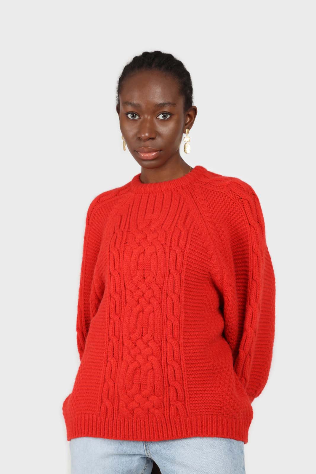 Bright red chunky cable knit balloon sleeved jumper_3
