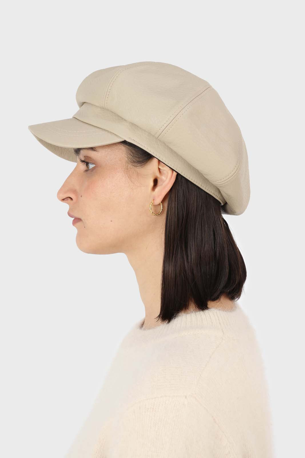 Ivory vegan leather baker boy hat_2