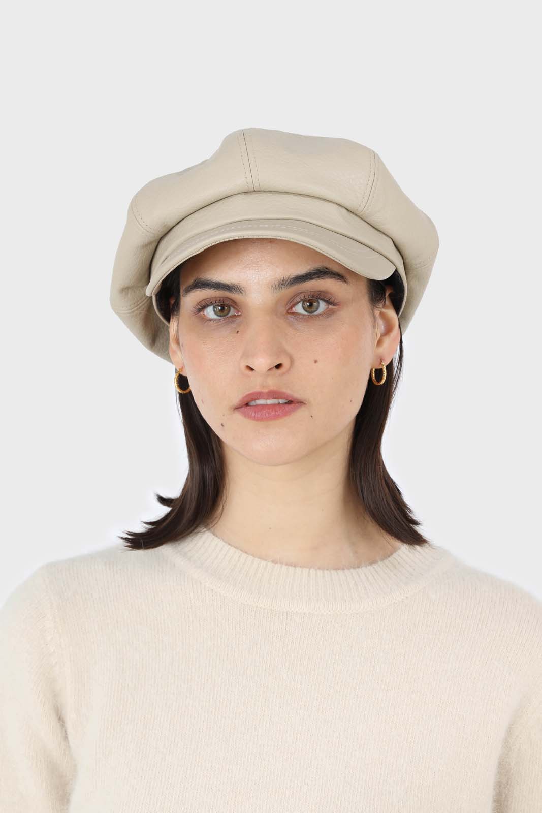 Ivory vegan leather baker boy hat_1