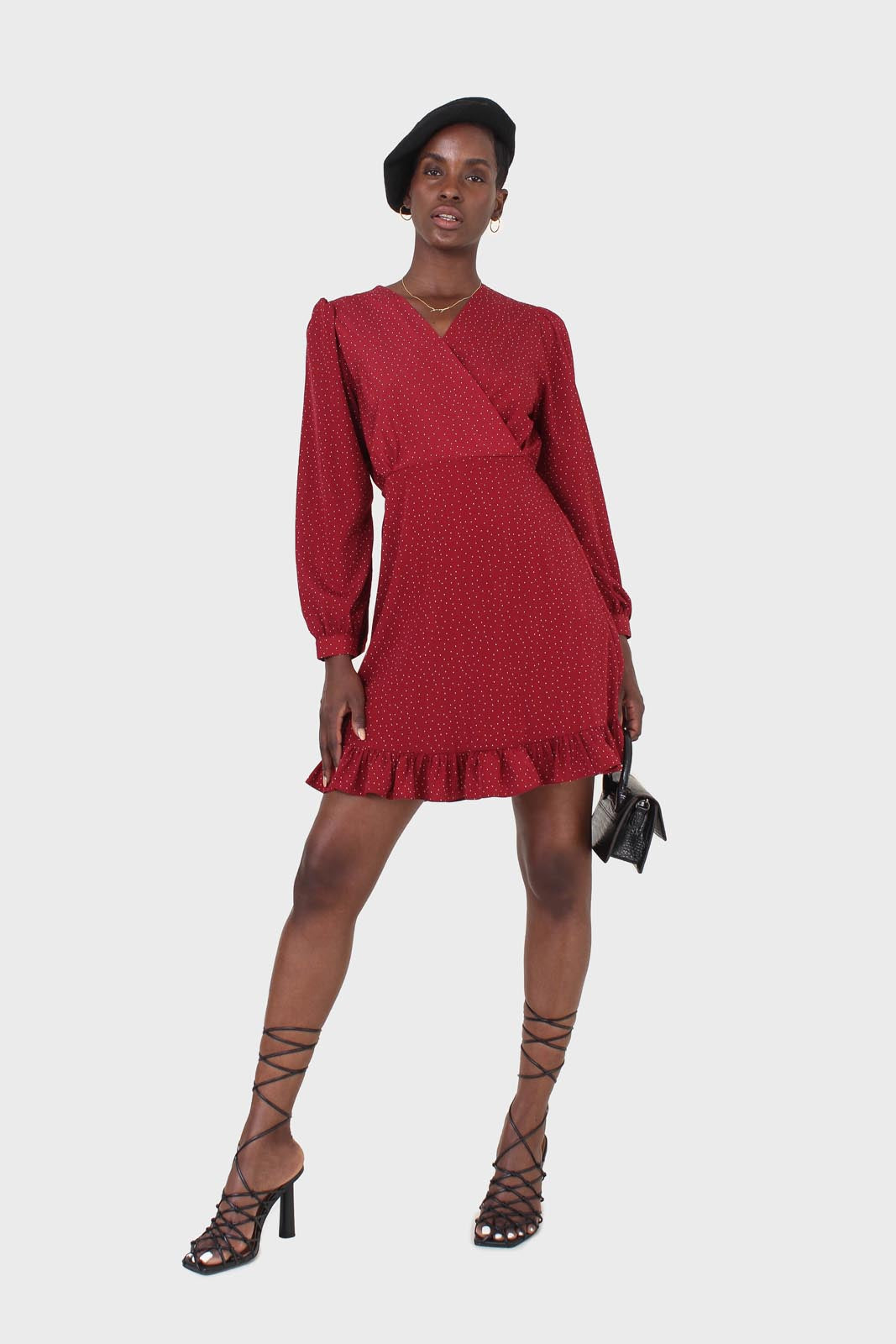 Red polka dot wrap front long sleeved mini dress_3