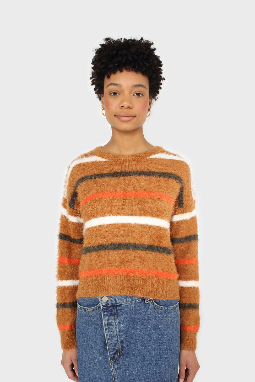 Brown and orange multi striped fuzzy jumper_6
