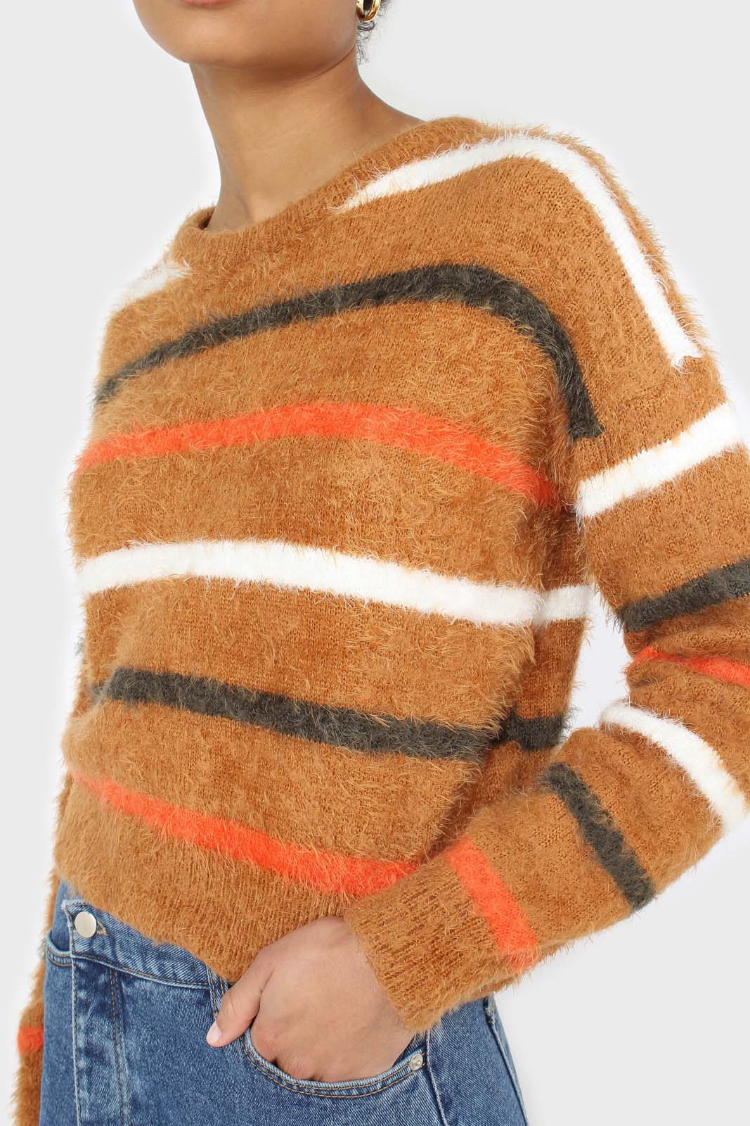 Brown and orange multi striped fuzzy jumper_7