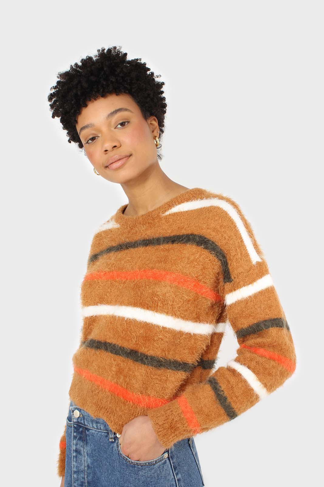 Brown and orange multi striped fuzzy jumper_1
