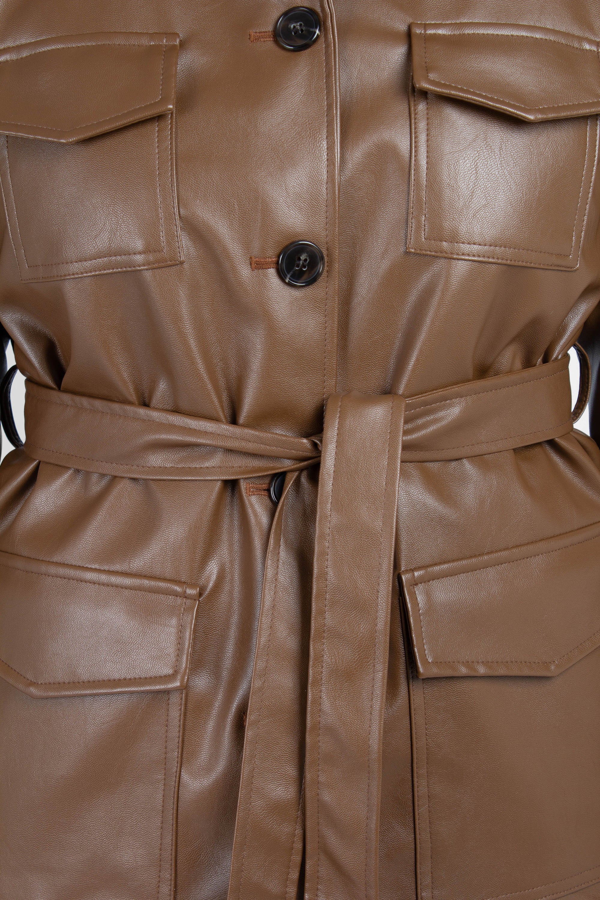 Brown vegan leather belted half long jacket_7