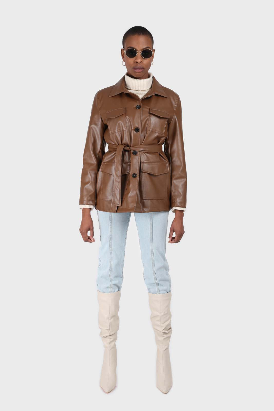 Brown vegan leather belted half long jacket_2