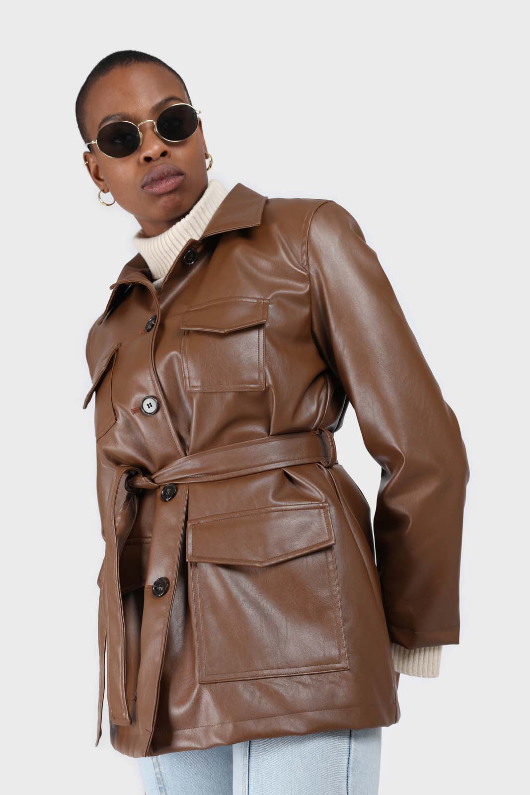 Brown vegan leather belted half long jacket_1
