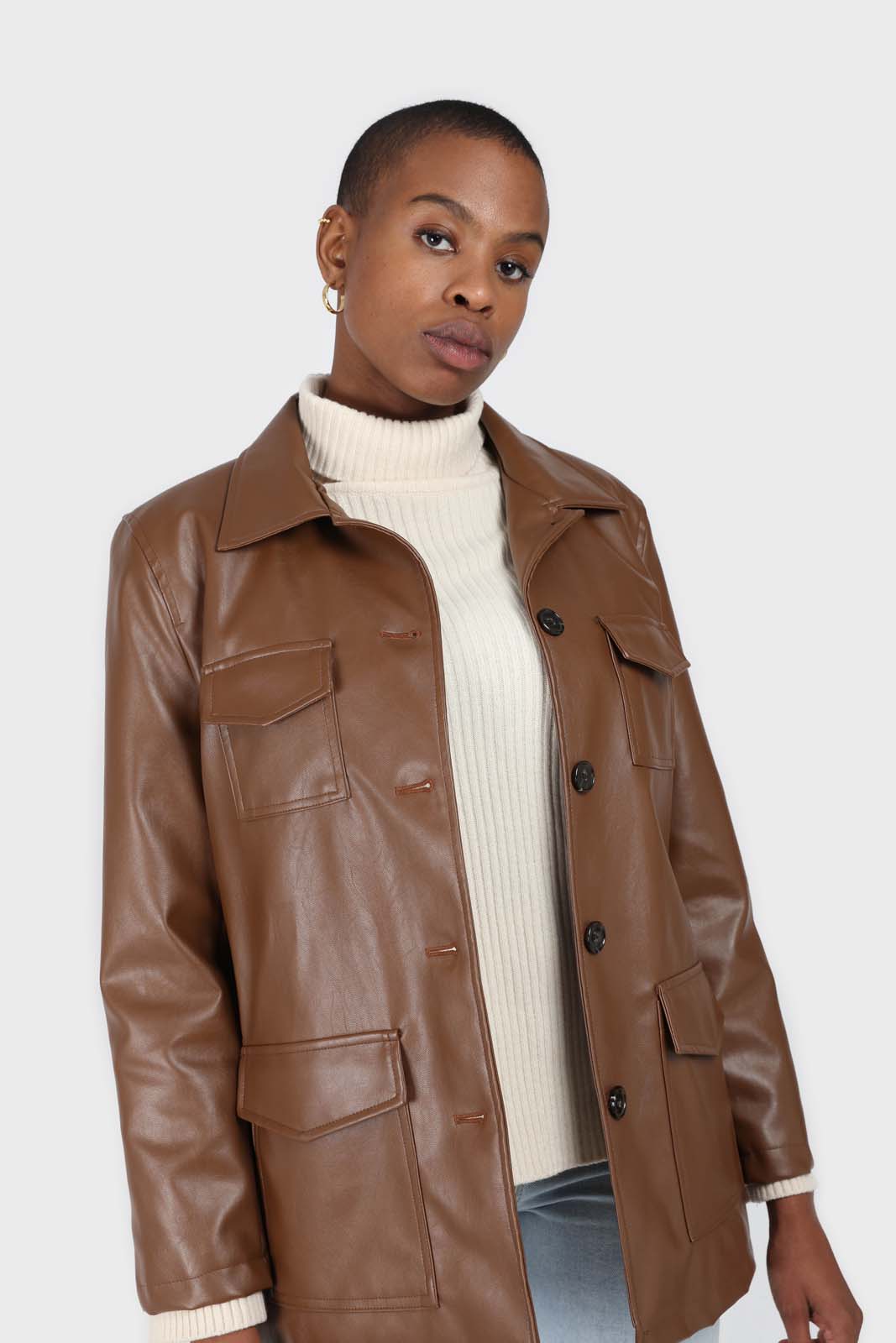 Brown vegan leather belted half long jacket_4