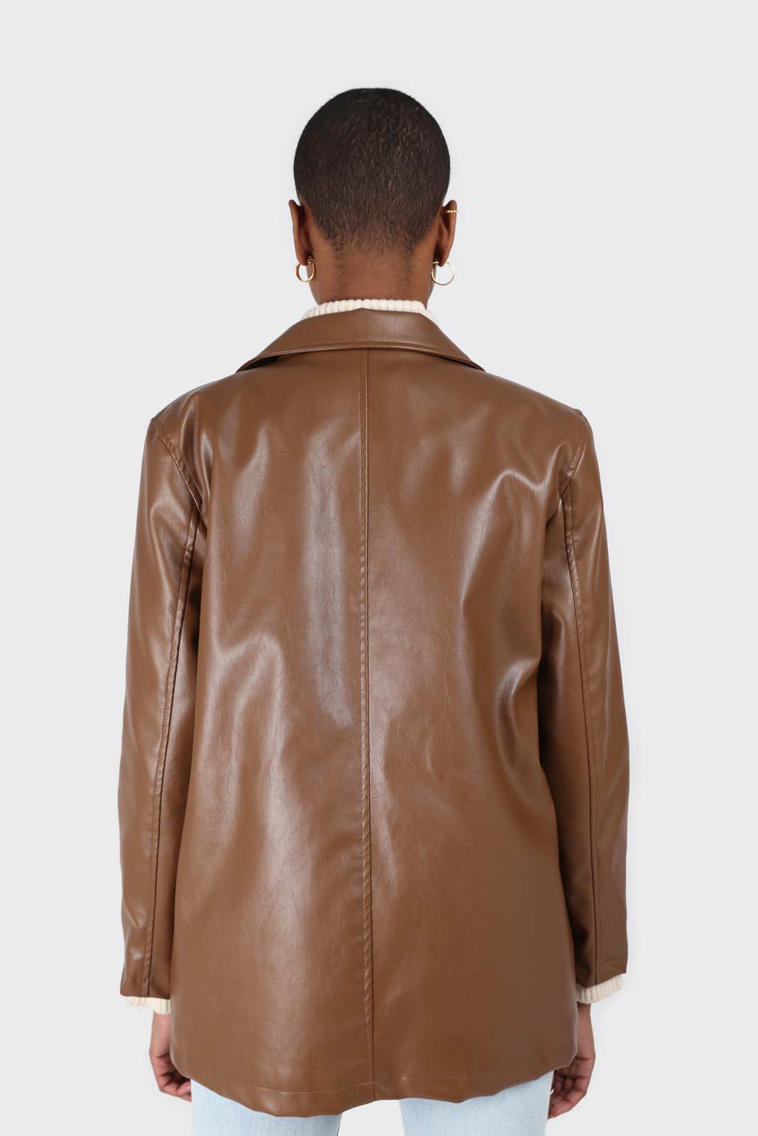 Brown vegan leather belted half long jacket_5