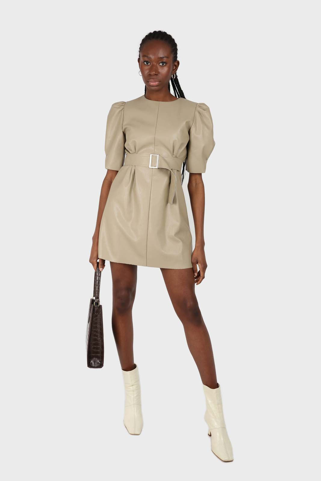 Beige vegan leather belted mini dress_3
