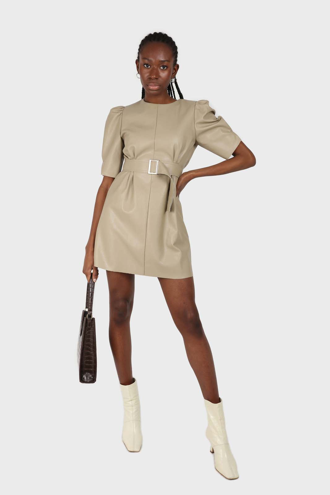 Beige vegan leather belted mini dress_4