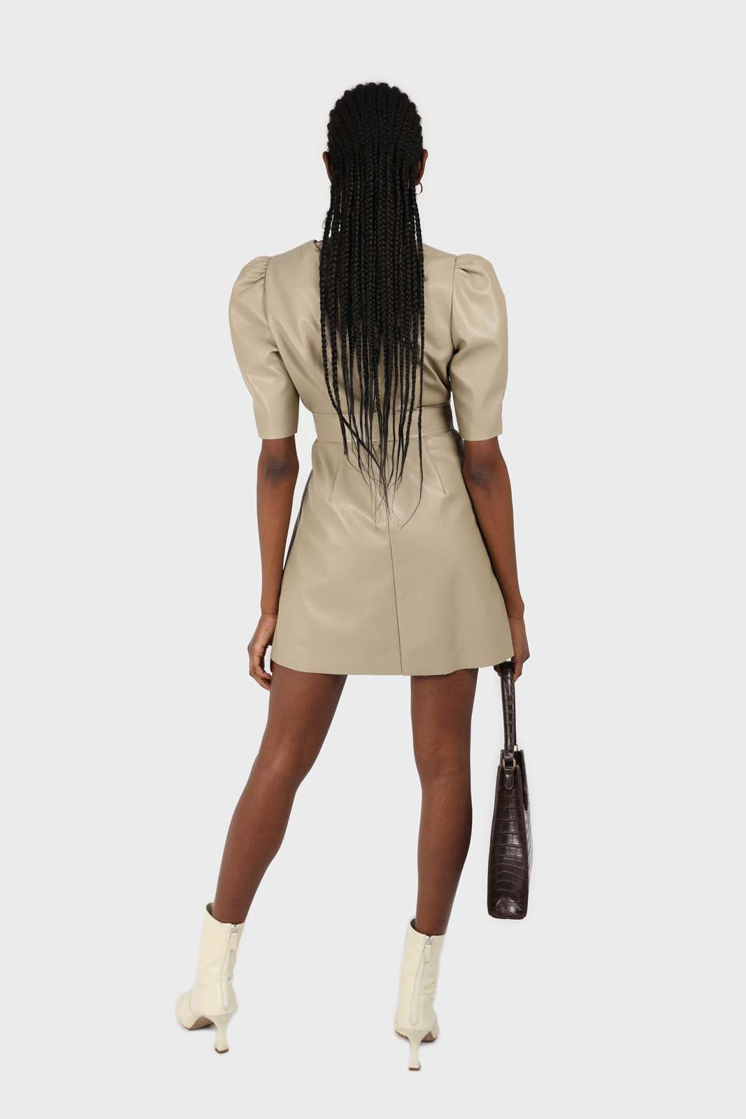 Beige vegan leather belted mini dress_5