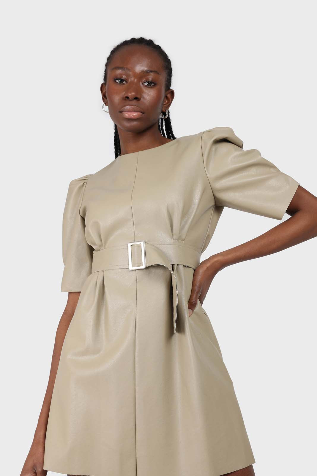 Beige vegan leather belted mini dress_6