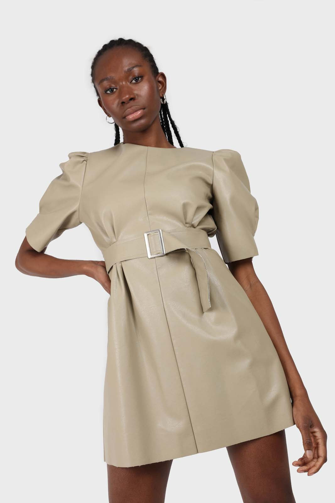 Beige vegan leather belted mini dress_7