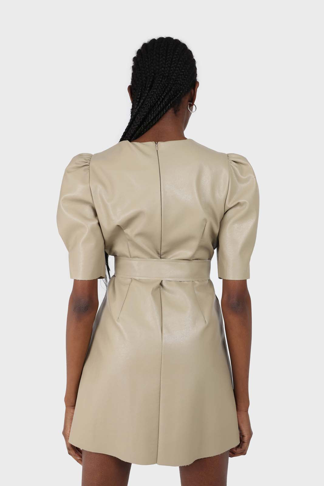 Beige vegan leather belted mini dress_2