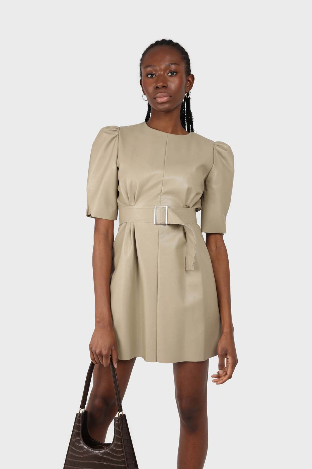 Beige vegan leather belted mini dress_1