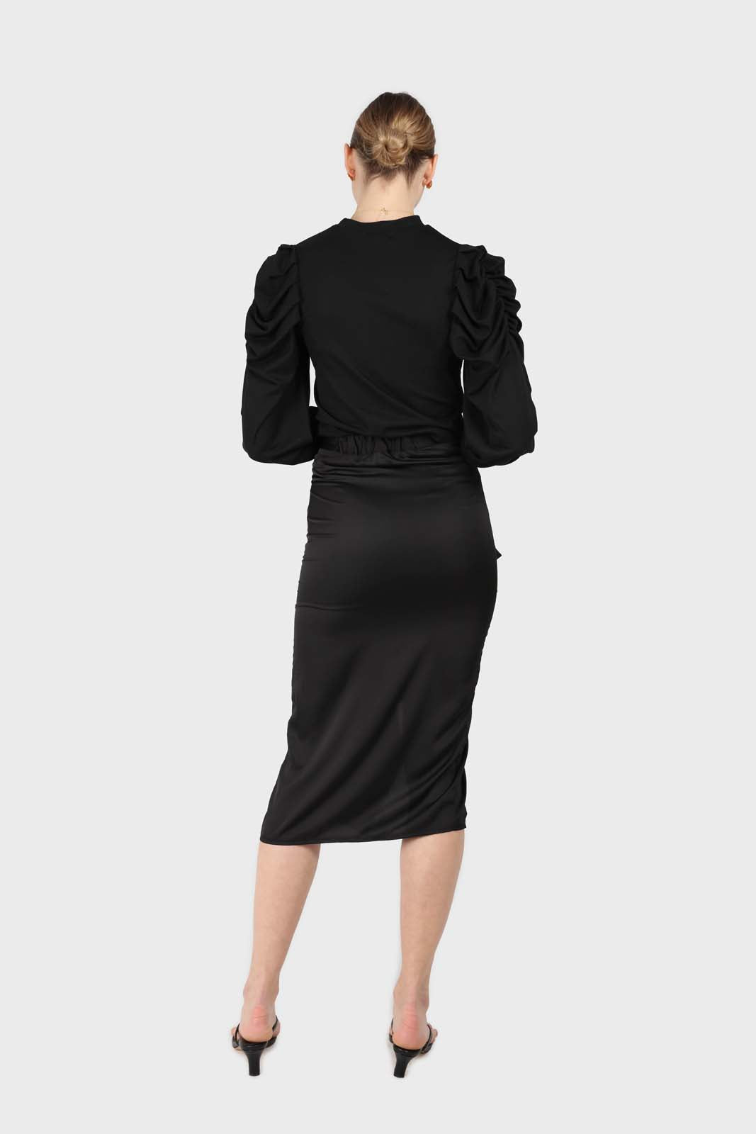 Black cascading ruffle satin midi skirt_3