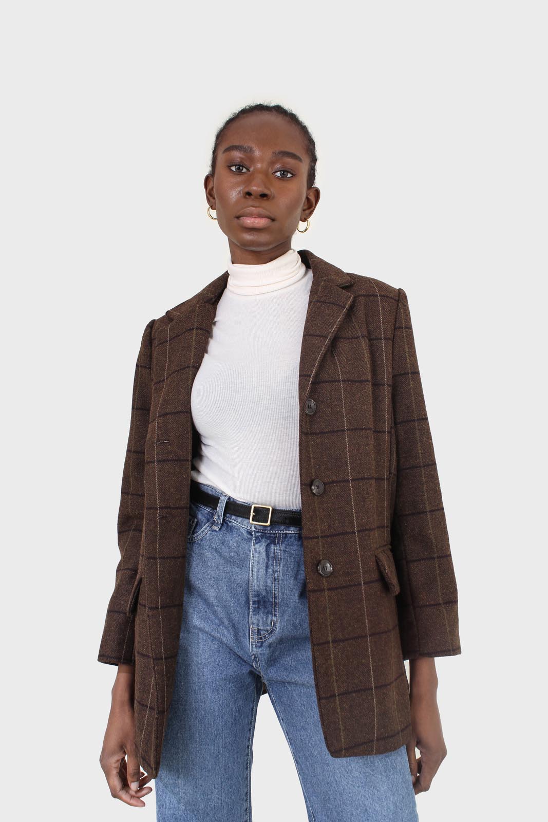 Brown large plaid wool belted half coat_12