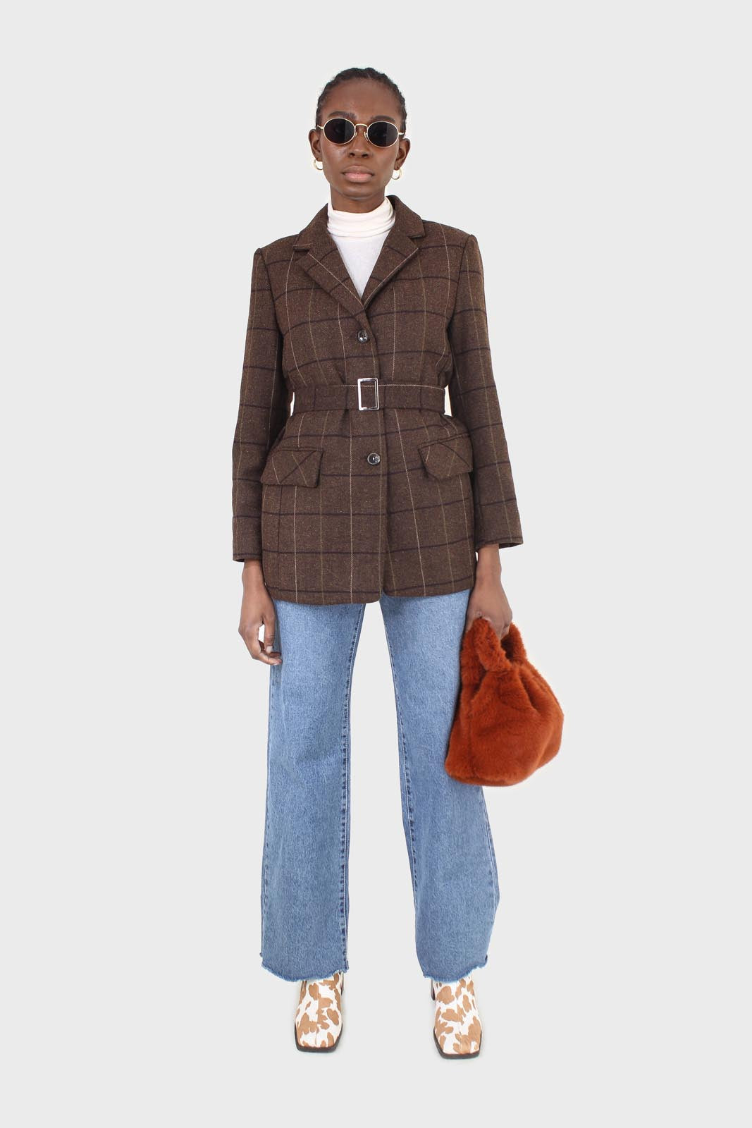 Brown large plaid wool belted half coat_3