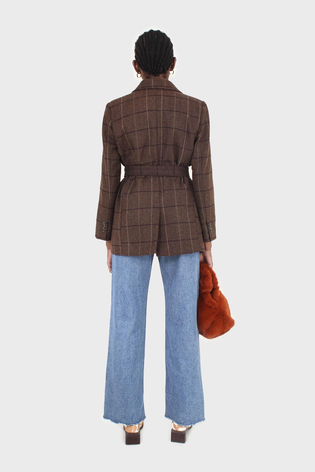 Brown large plaid wool belted half coat_5