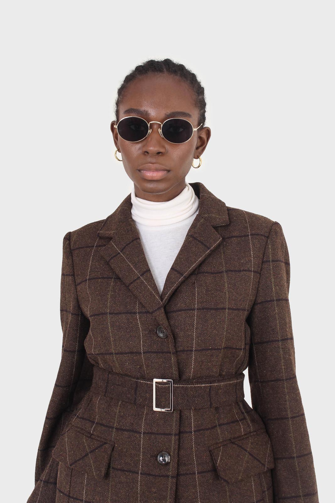 Brown large plaid wool belted half coat_8