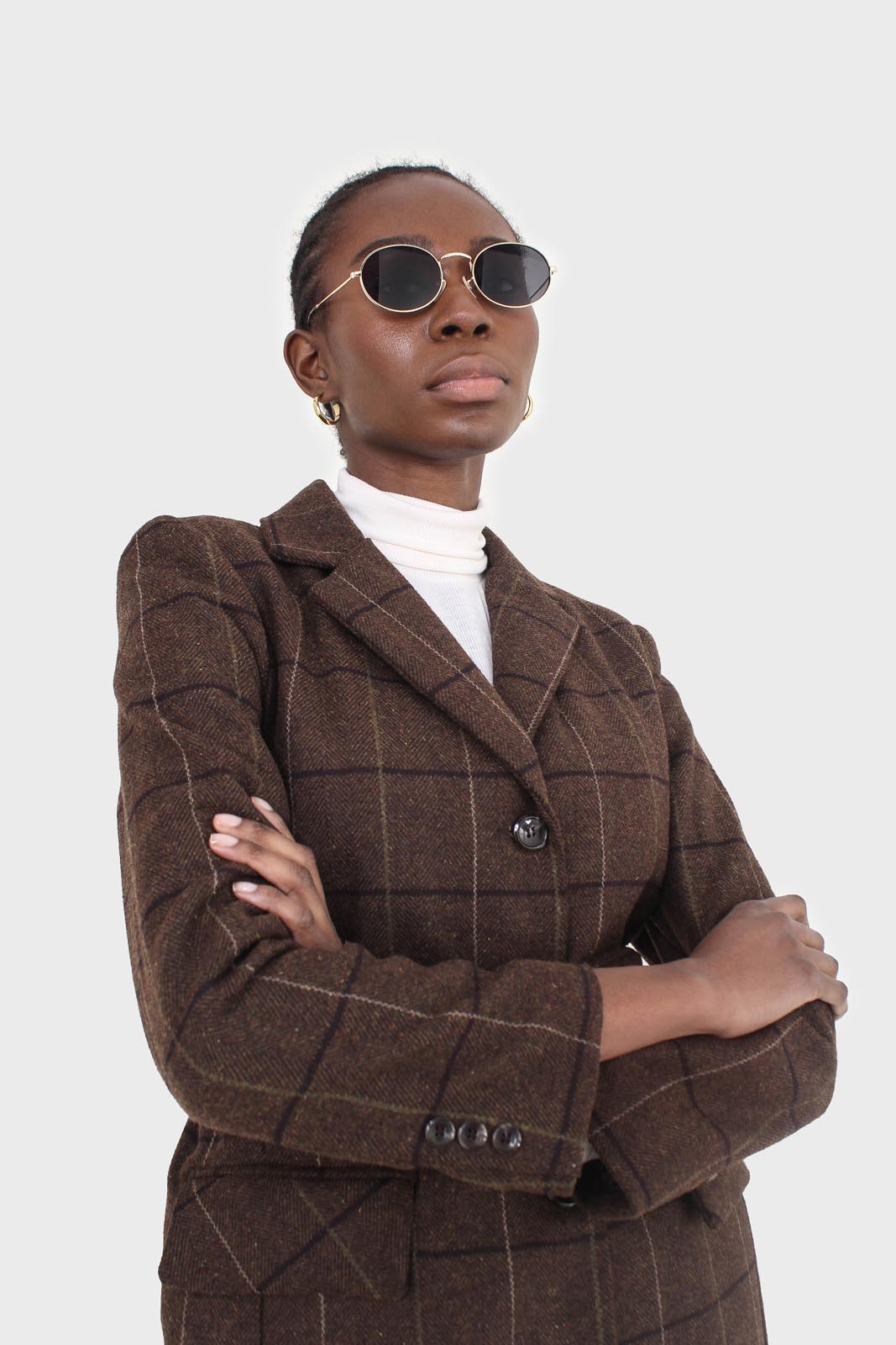 Brown large plaid wool belted half coat_9