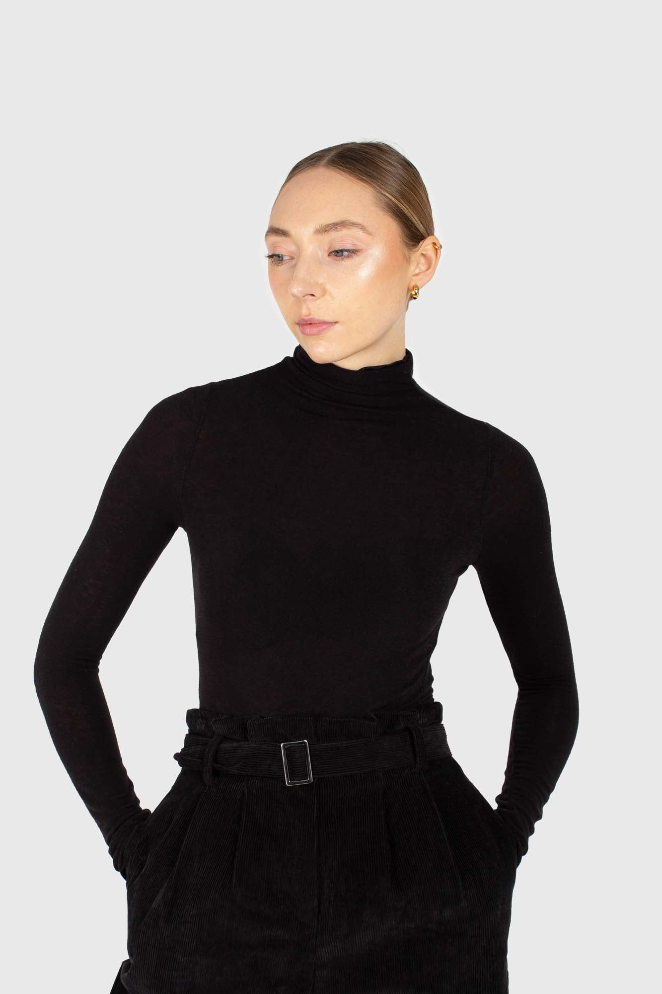 Black soft thin turtleneck jersey top_1