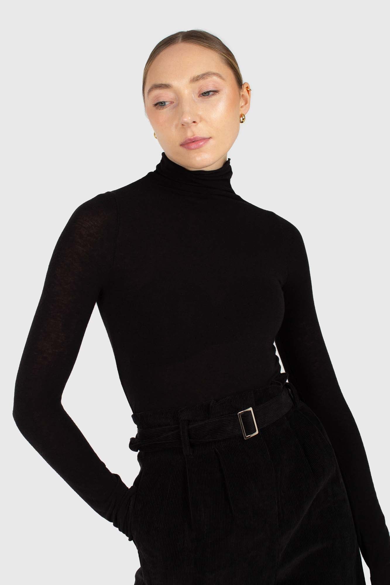 Black soft thin turtleneck jersey top_3