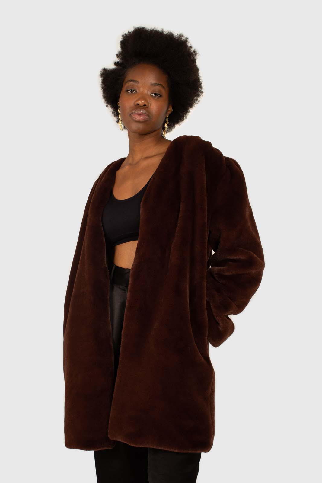 Brown vegan mink belted half coat_5