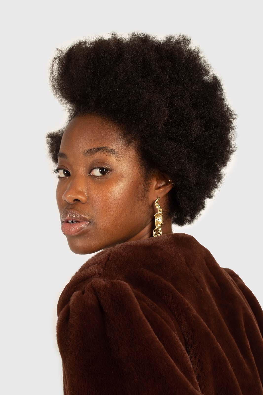 Brown vegan mink belted half coat_6