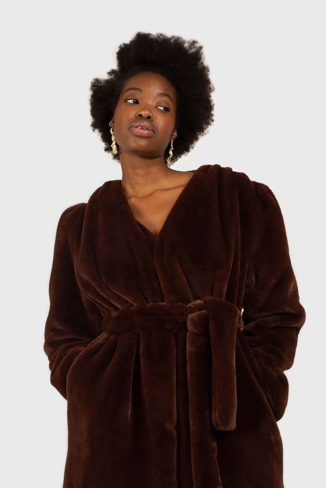 Brown vegan mink belted half coat_7