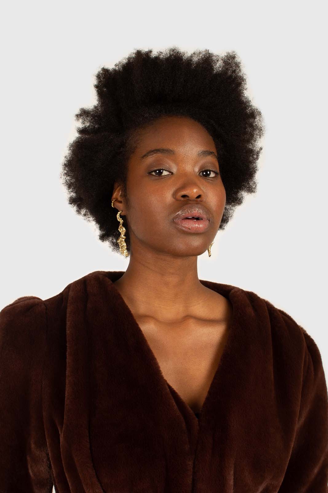 Brown vegan mink belted half coat_9