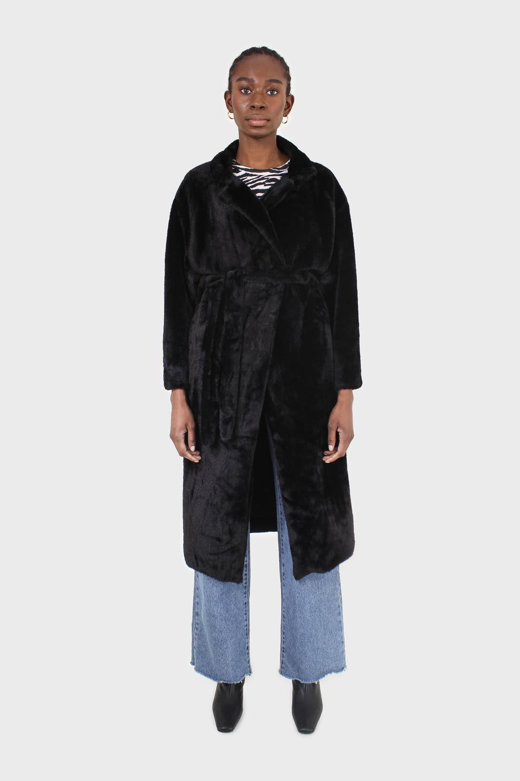 Black faux mink fur belted long coat_1
