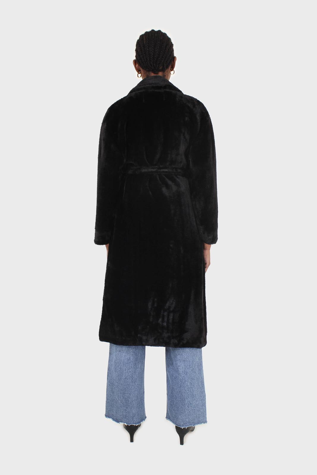 Black faux mink fur belted long coat_4
