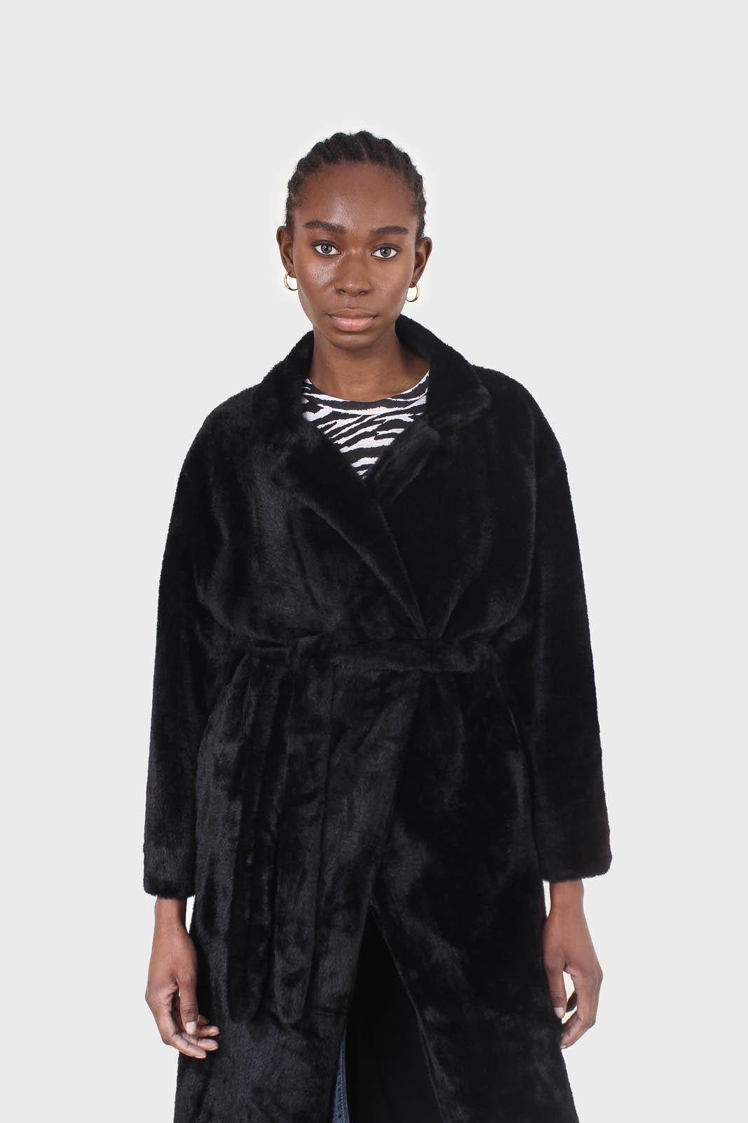 Black faux mink fur belted long coat_6