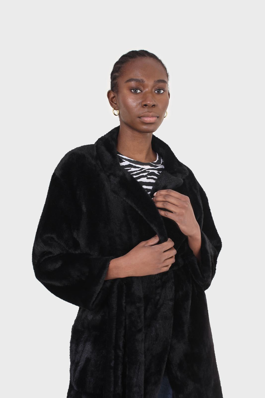 Black faux mink fur belted long coat_3