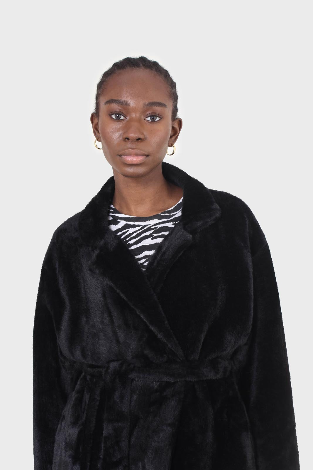 Black faux mink fur belted long coat_5