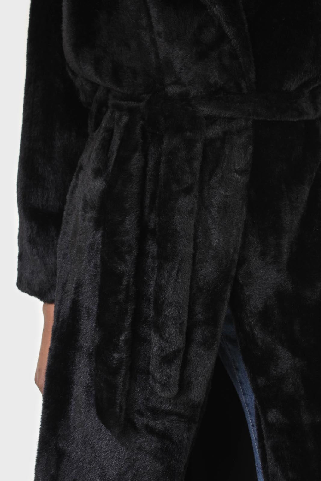 Black faux mink fur belted long coat_2