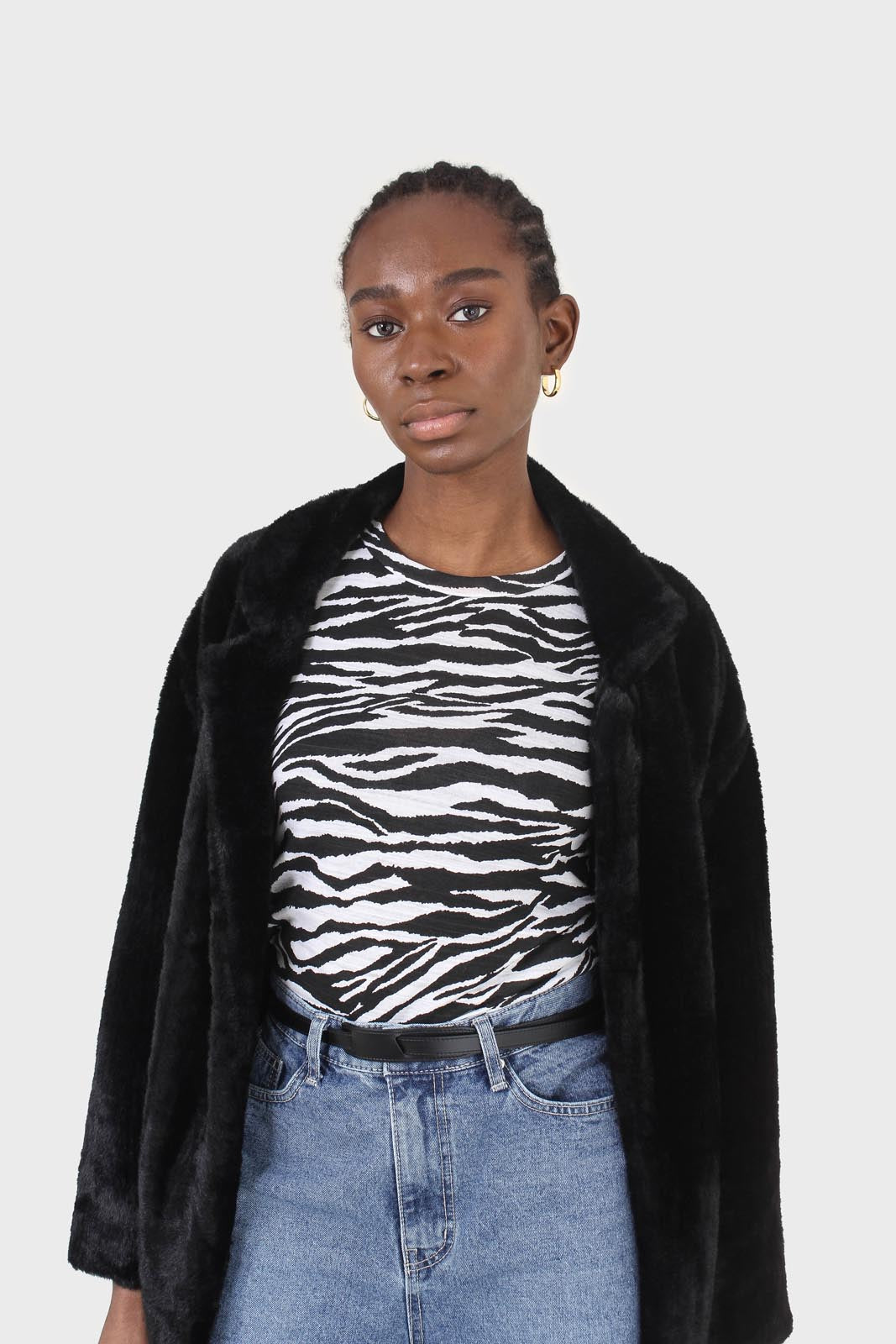 Black faux mink fur belted long coat_8