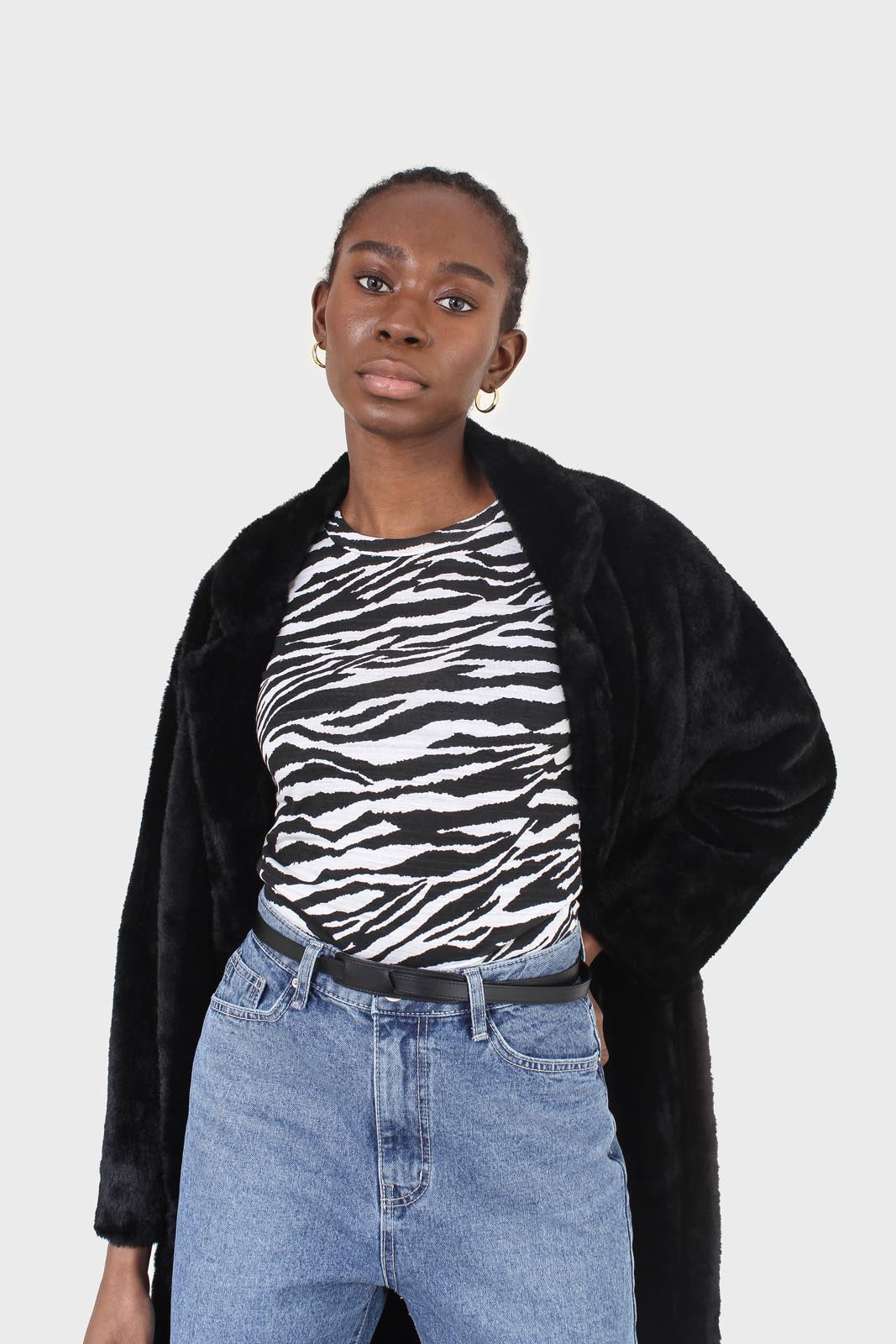 Black faux mink fur belted long coat_7