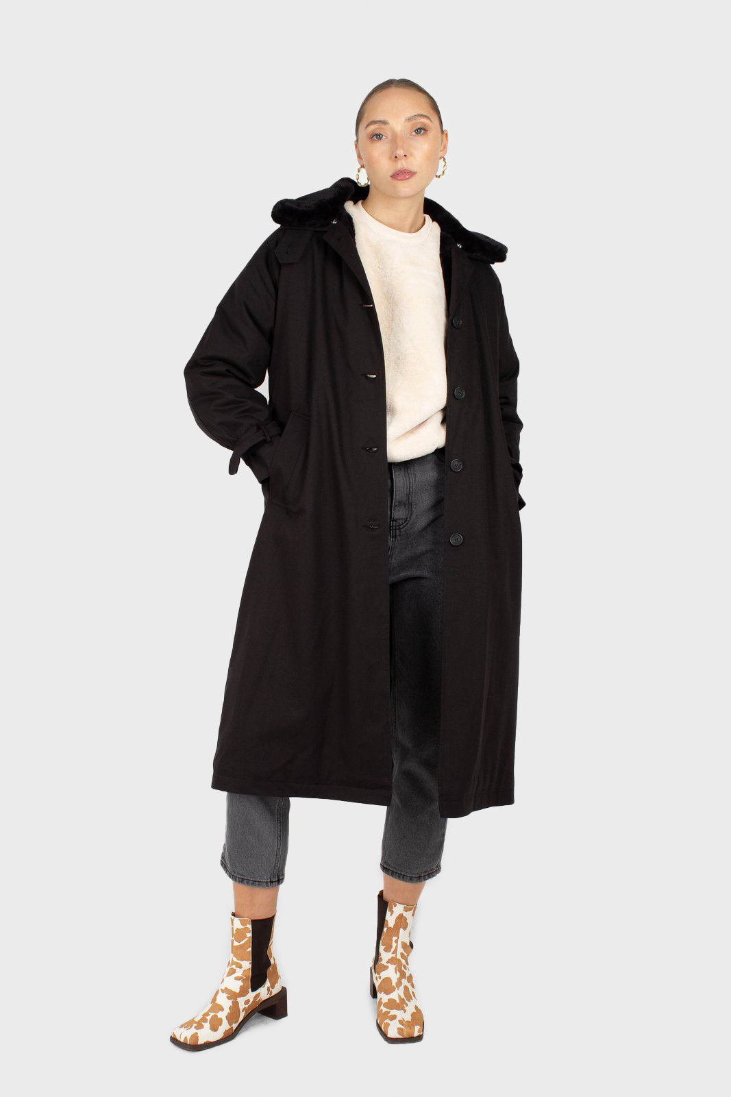 Black faux fur collar lined trench coat
