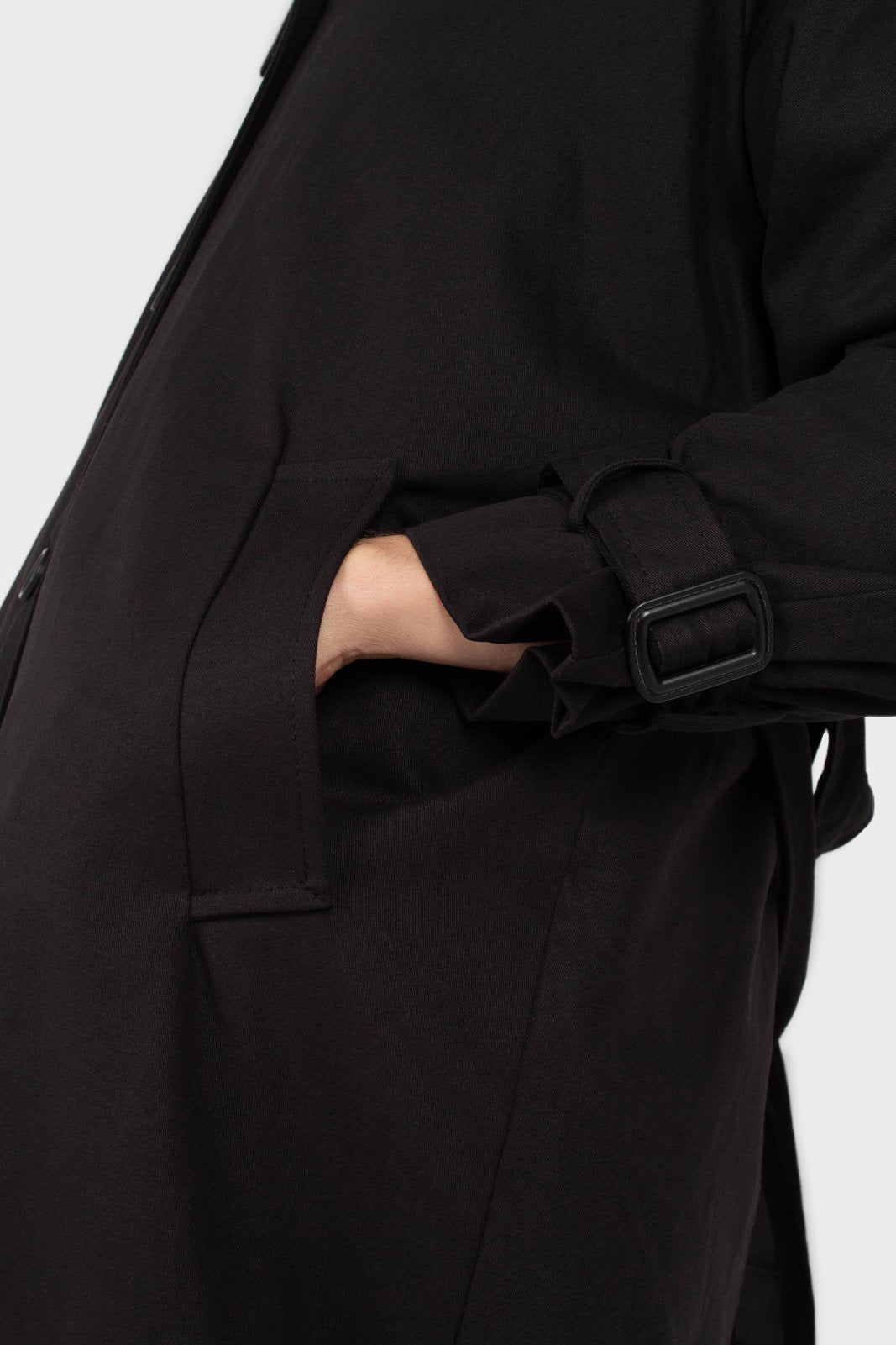 Black faux fur collar lined trench coat_5