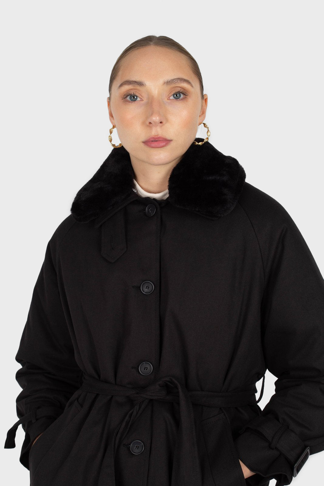 Black faux fur collar lined trench coat