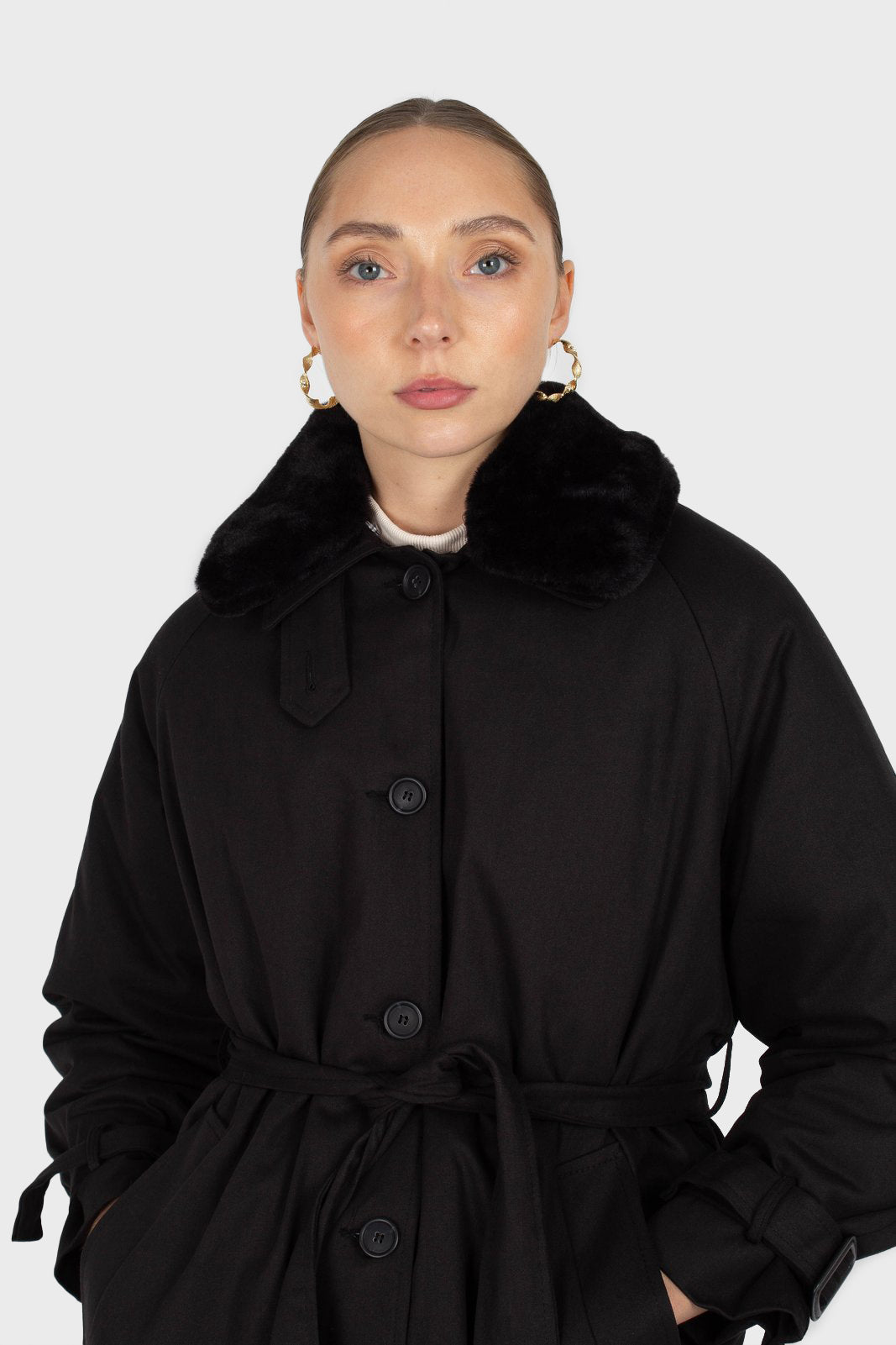Black faux fur collar lined trench coat_2