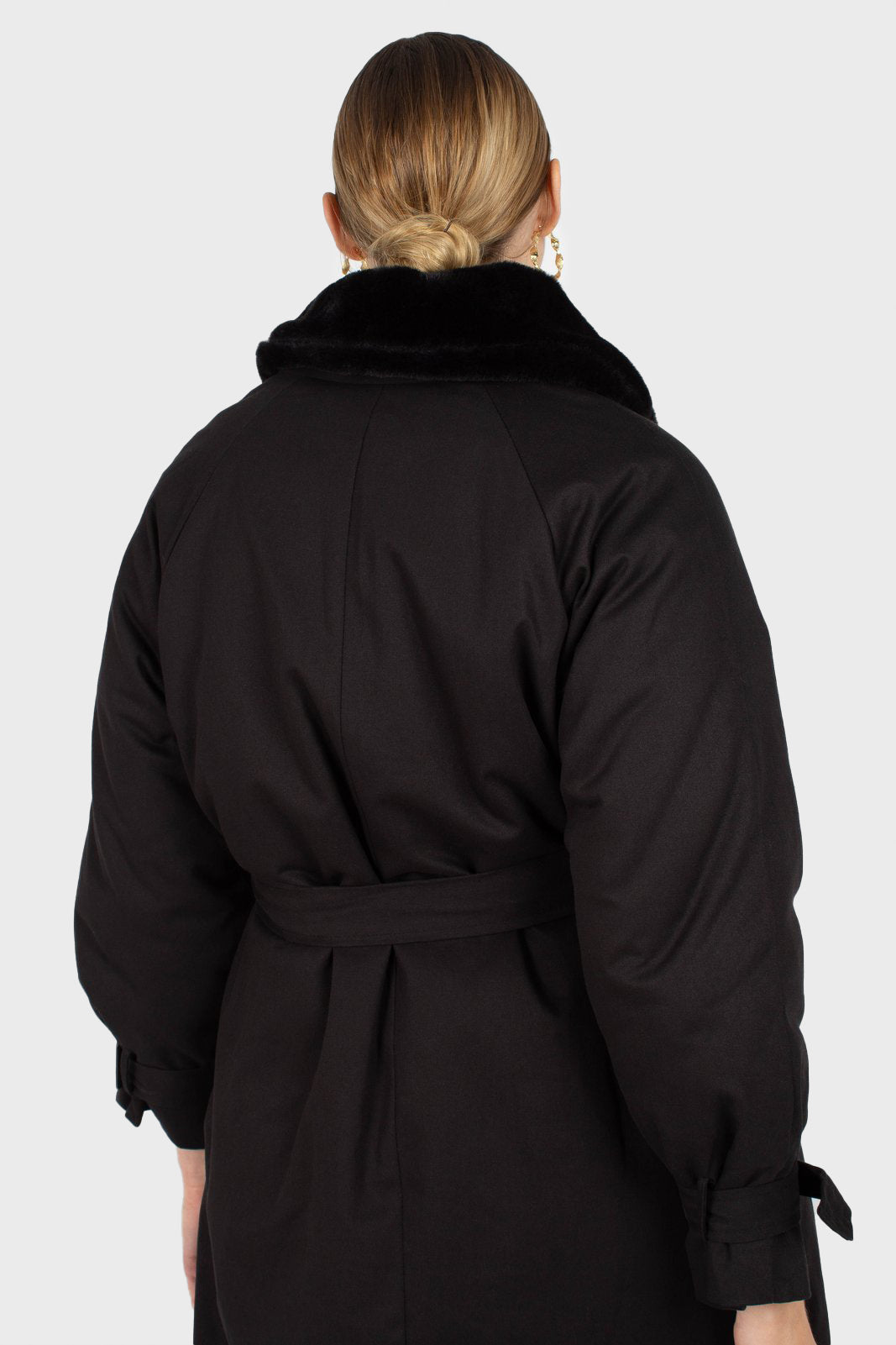 Black faux fur collar lined trench coat_6