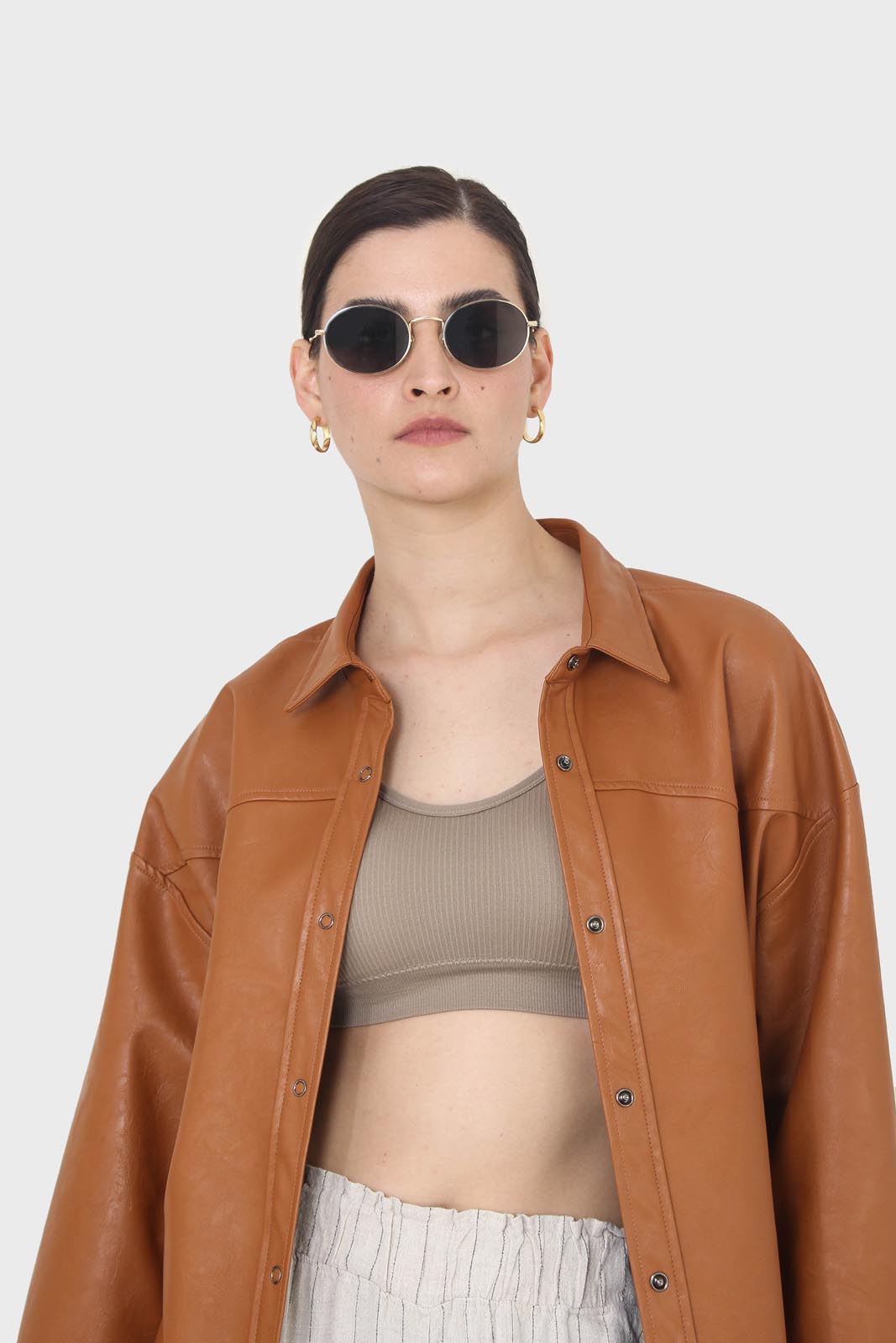 Camel vegan leather oversized shirt_11