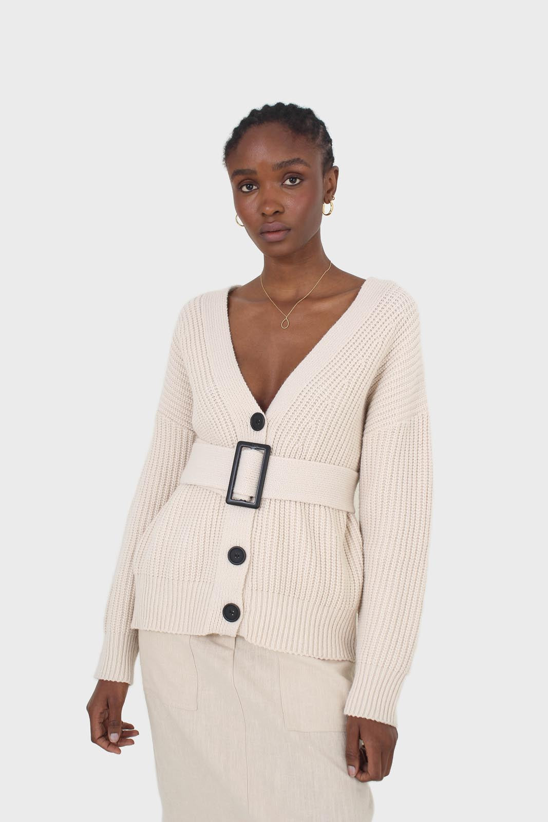 Ivory ribbed belted dark button half cardigan_1