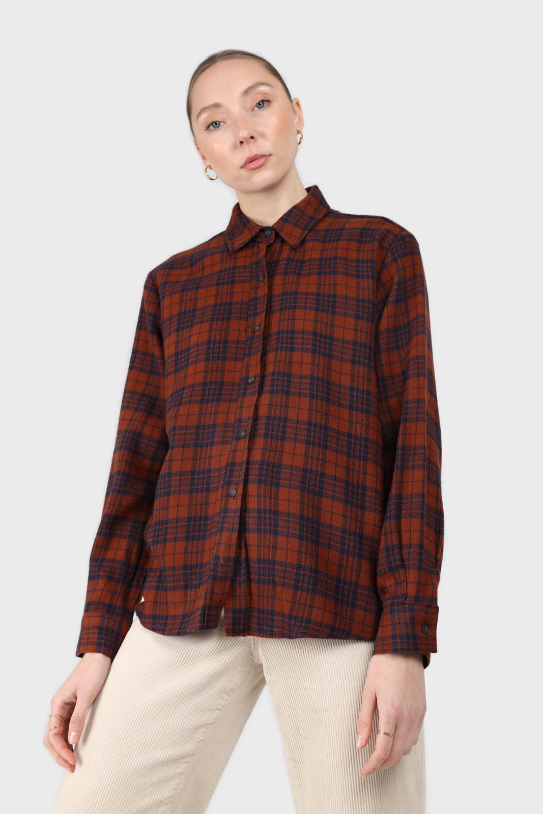 Brown and navy checked loose fit shirt_3